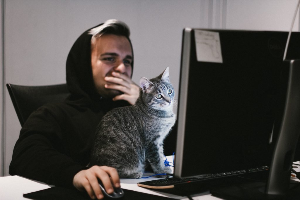 Man and Cat in front of the computer