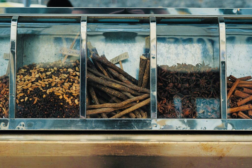 acupuncture theory and odours of assorted spices on display counter