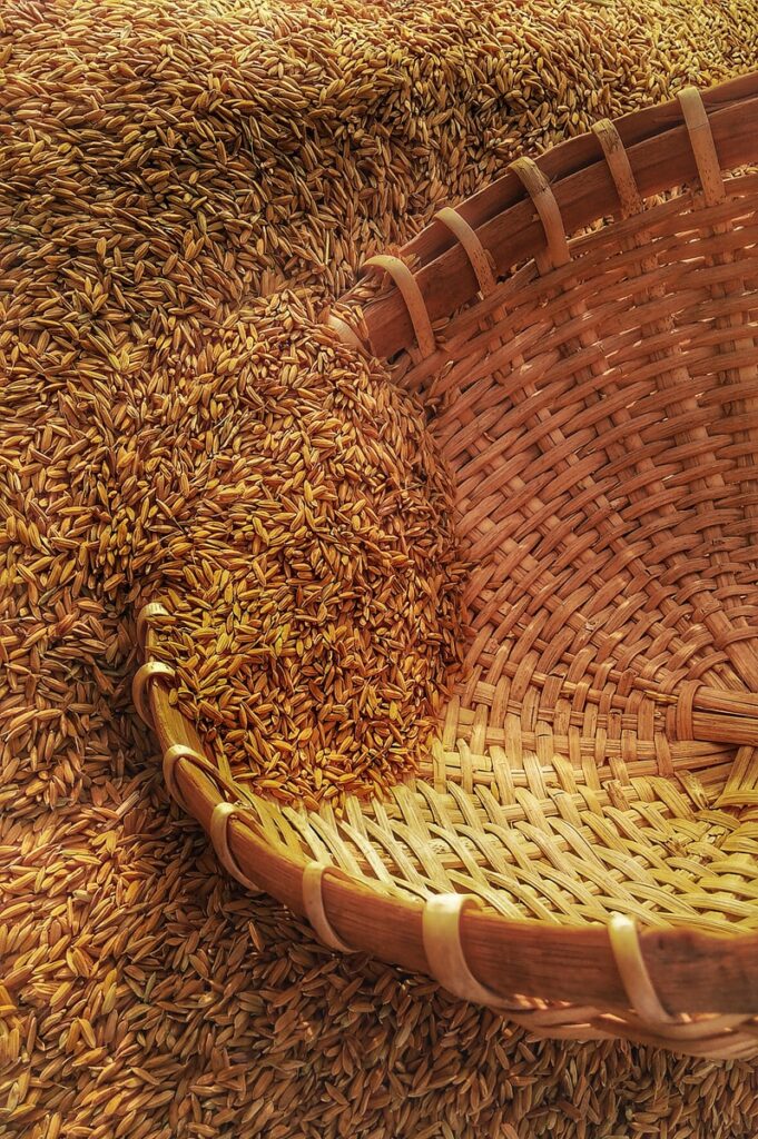 wicker basket on rice grains: Rice and the Earth Element complement one another.